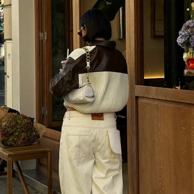 Knitted Patchwork Leather Jacket